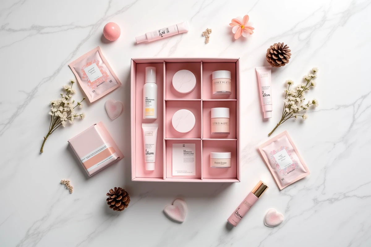 Flat lay du calendrier de l'Avent YesStyle avec des produits K-beauty miniatures disposés sur marbre blanc