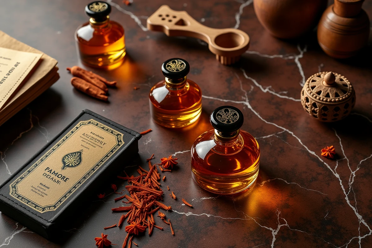 Flat lay de produits de parfumerie Abdul Samad Al Qurashi avec vials d'attar, brûleur d'oud et safran sur marbre sombre