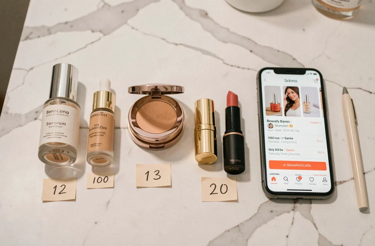 Flat lay de produits cosmétiques avec étiquettes de prix sur marbre blanc, comparaison visuelle Yesstyle Sephora Marionnaud soins beauté