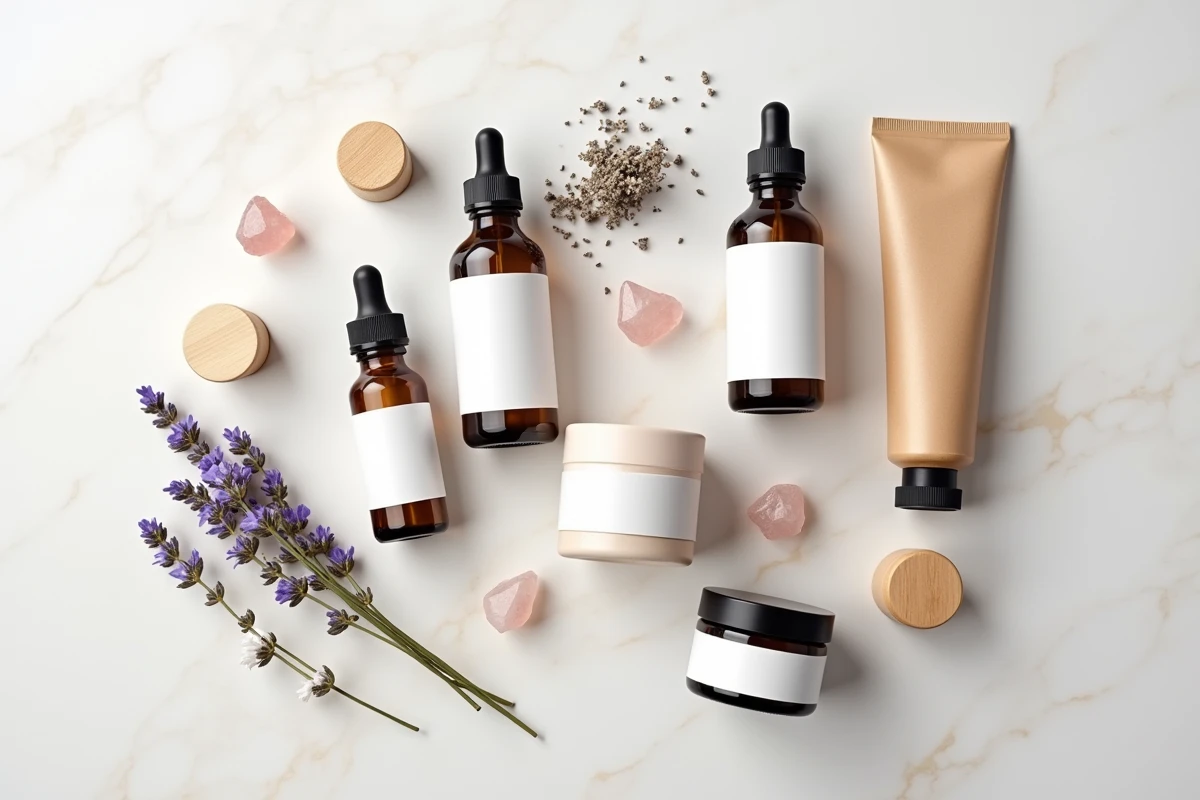 Flat lay de produits de beauté clean bio avec flacons en verre ambré, argile, pinceau en bambou et botaniques séchés sur marbre blanc