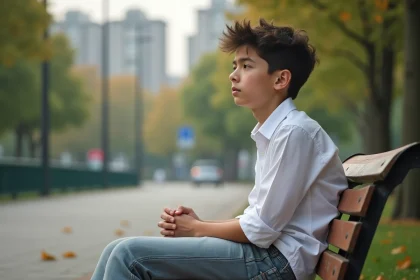 Adolescent assis seul sur un banc dans un parc urbain