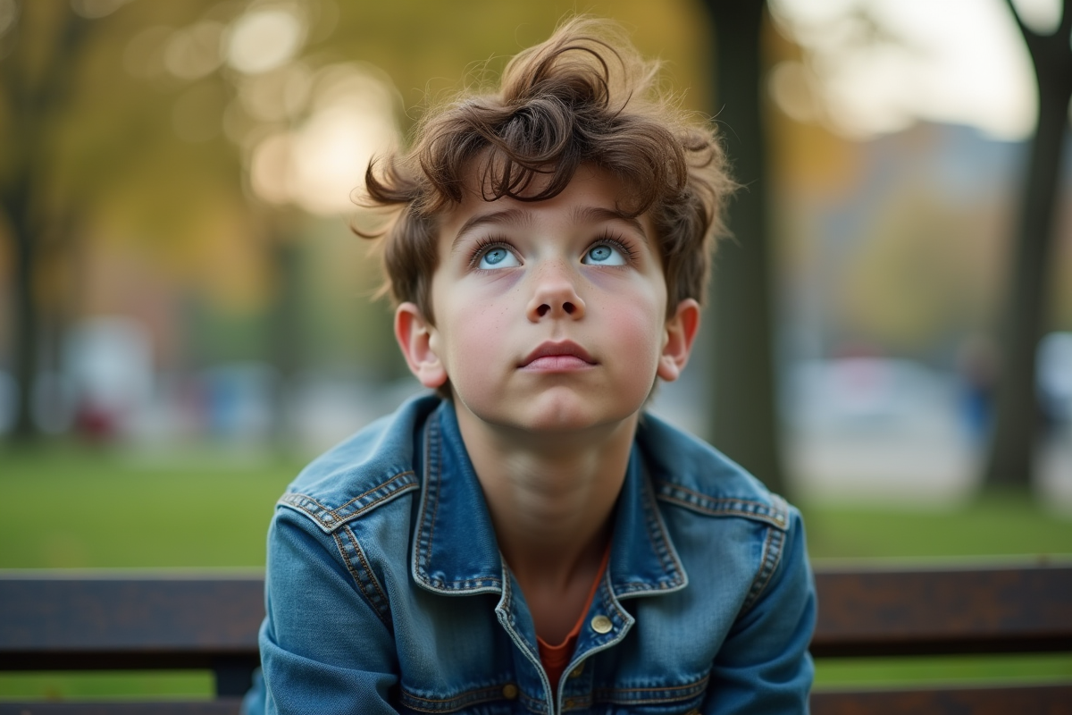 Jeune garçon aux yeux bleus et veste en jean dans un parc urbain