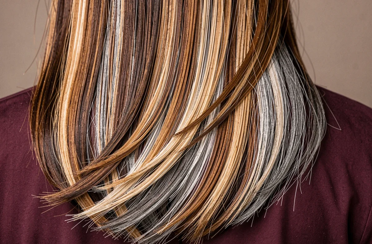Gros plan sur un balayage noisette et beige sur cheveux châtains foncés mêlés de fils blancs