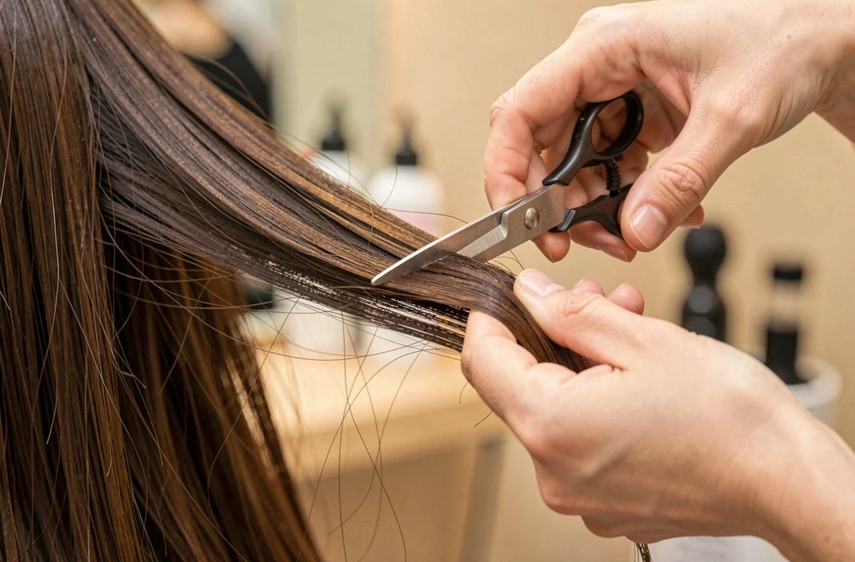 Gros plan d'un coiffeur réalisant une coupe en dégradé sur des cheveux longs et fins bruns pour apporter du volume et du mouvement