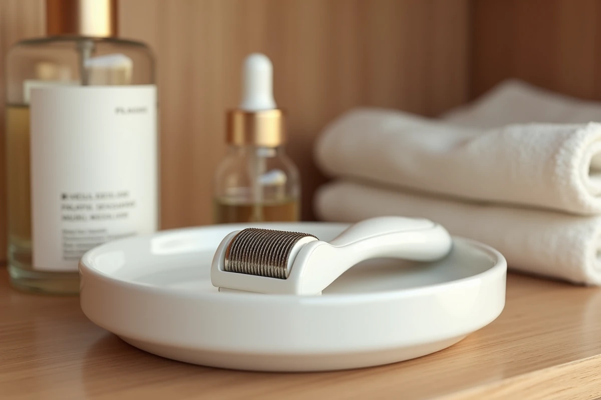 Gros plan d'un dermaroller posé sur une coupelle blanche avec un sérum, matériel de microneedling en détail