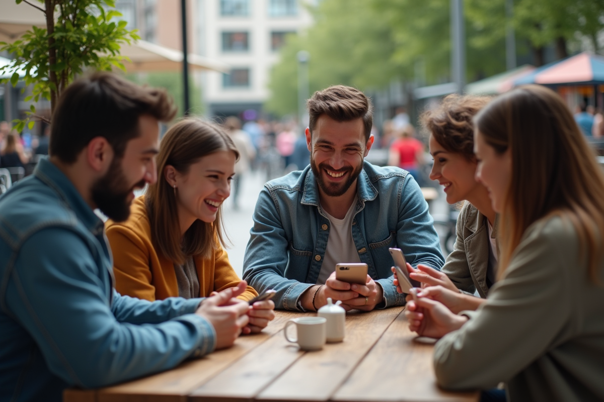 Groupe d amis discutant autour d une table de cafe en ville