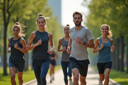 Jeunes femmes et hommes courant dans un parc urbain dynamique