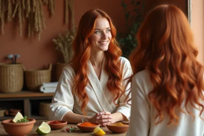 Femme aux cheveux auburn colorés au henné naturel, assise devant une coiffeuse en bois avec des bols de poudre de henné et des herbes séchées