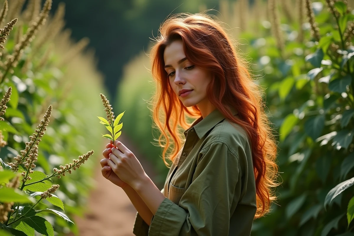 Jeune femme aux cheveux teints au henné rouge acajou dans un jardin de plantes tinctoriales tenant une feuille de henné fraîche