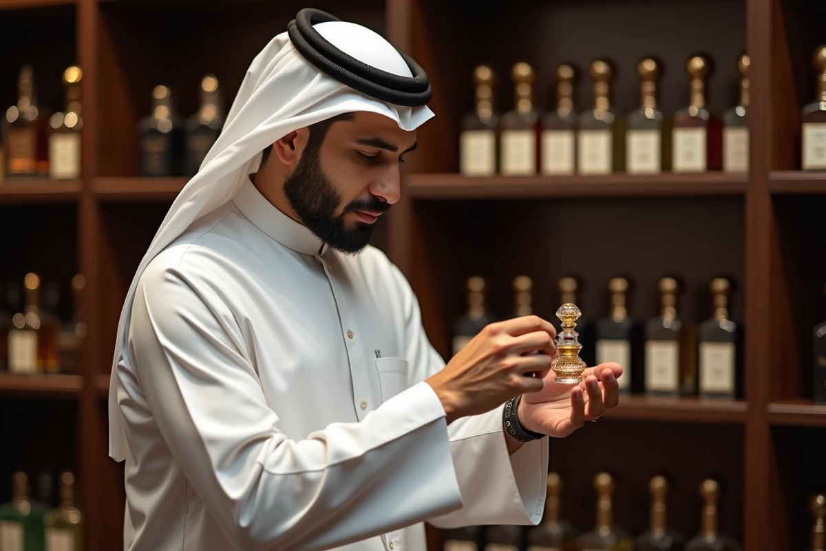 Homme en thobe blanc appliquant un attar traditionnel Abdul Samad Al Qurashi dans une boutique de parfums de luxe