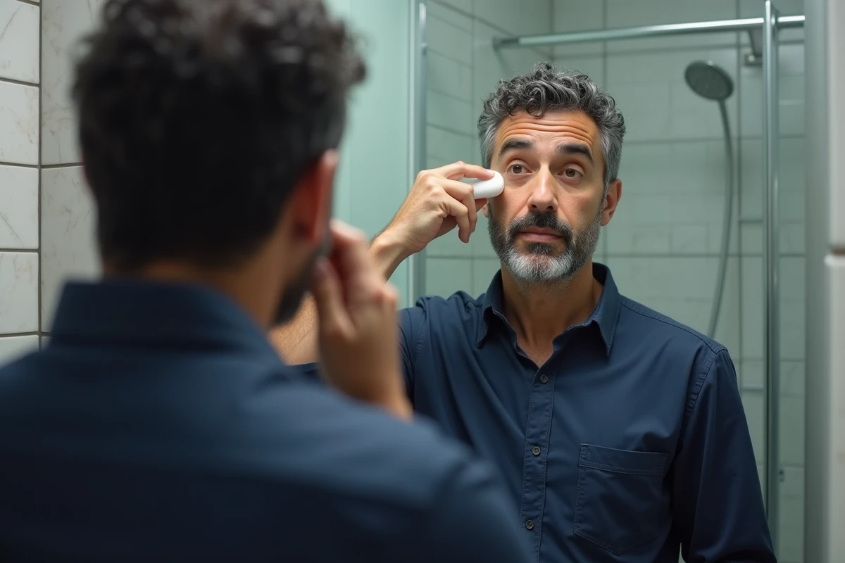 Homme moyen-orient appliquant crème coiffante dans la salle de bain