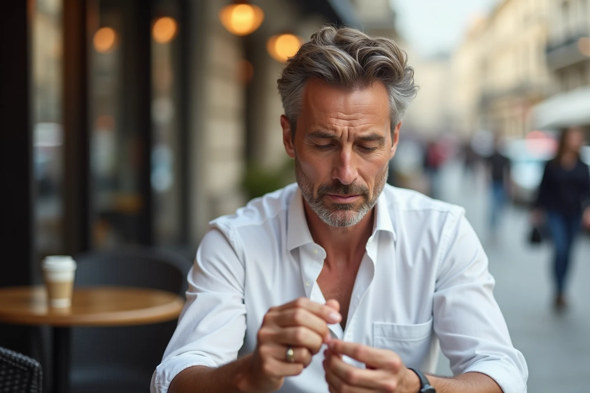 Homme examinant sa coiffure dans un café urbain
