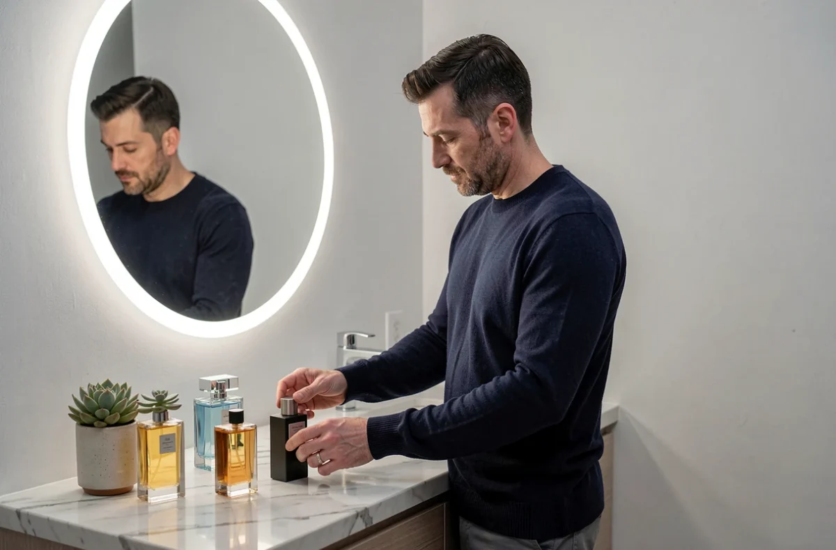 Homme arrangeant une collection de parfums haut de gamme sur un meuble de salle de bain en marbre
