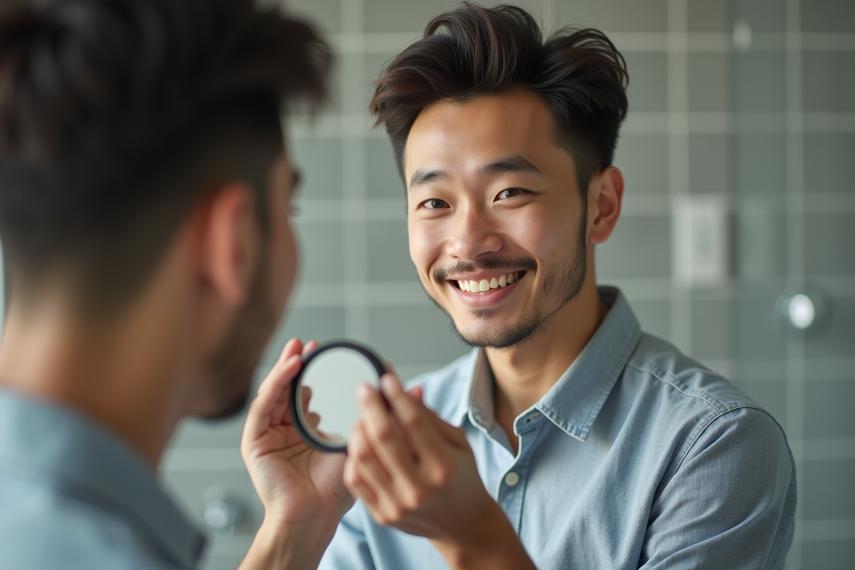 Jeune homme se maquillant dans une salle de bain minimaliste
