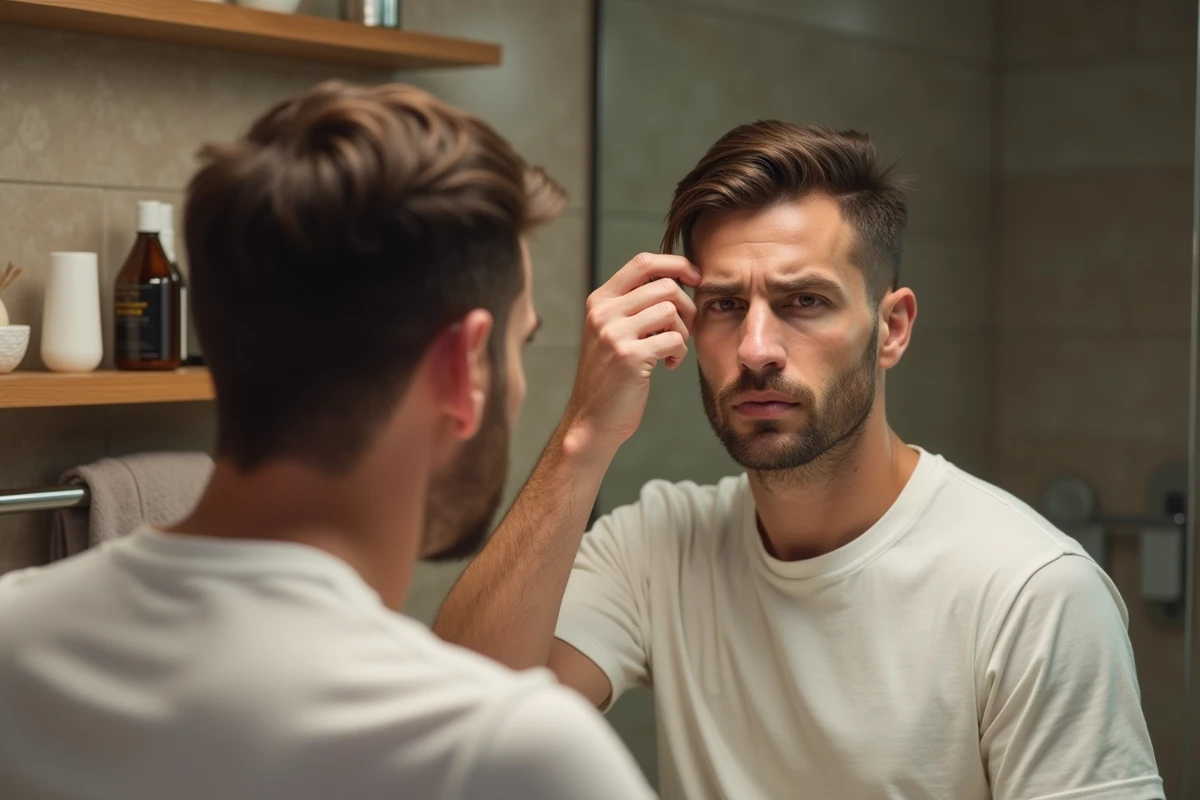 Homme examinant son cuir chevelu gras et pelliculeux devant un miroir de salle de bain