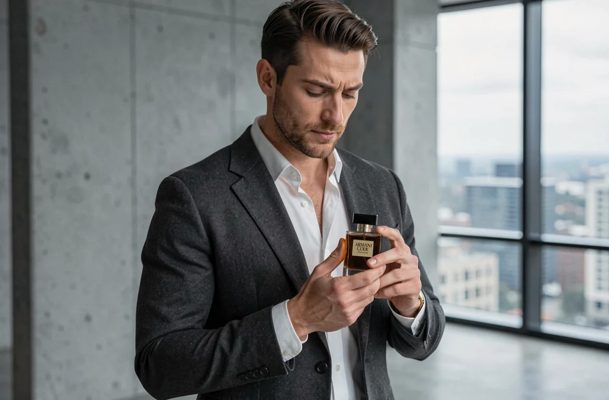 Homme élégant en costume charbon tenant le parfum Armani Code Profumo dans un appartement moderne avec vue urbaine