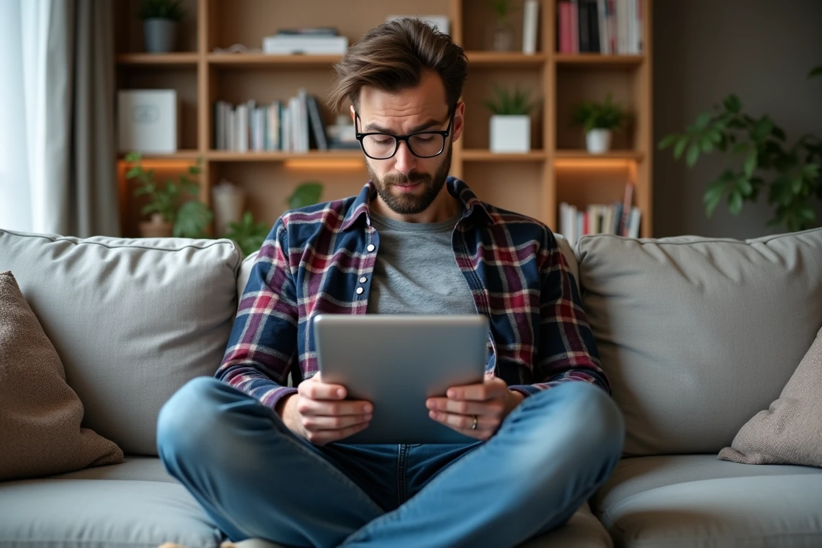 Jeune homme geek portant des lunettes lisant un blog beauté sur une tablette dans un salon minimaliste mêlant culture tech et cosmétique