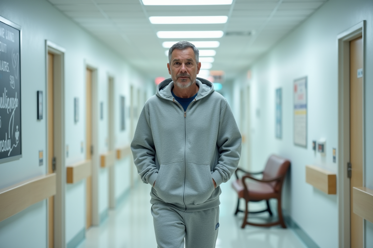 Homme marchant dans un couloir d