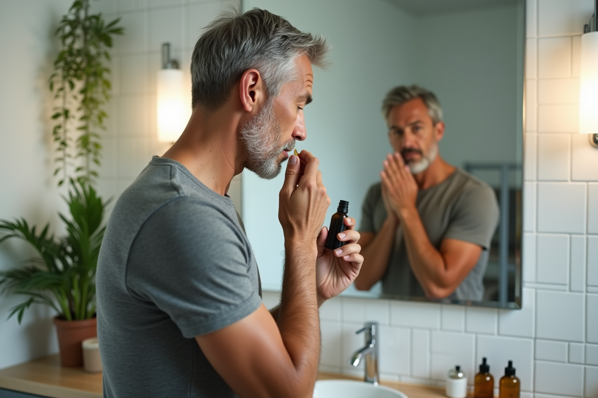 Homme appliquant de l huile visage dans une salle de bain lumineuse