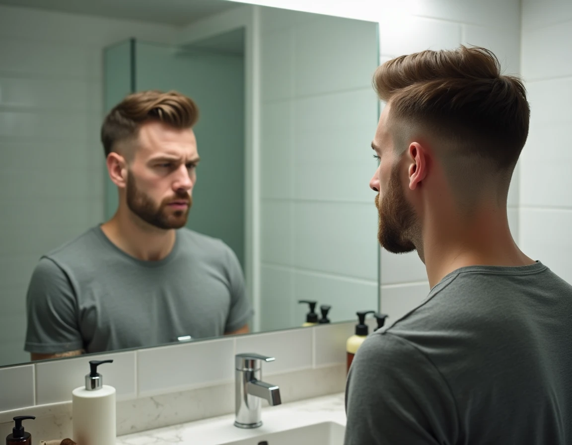 Homme inspectant sa coupe taper dans un miroir de salle de bain avec une expression critique après une visite chez le coiffeur