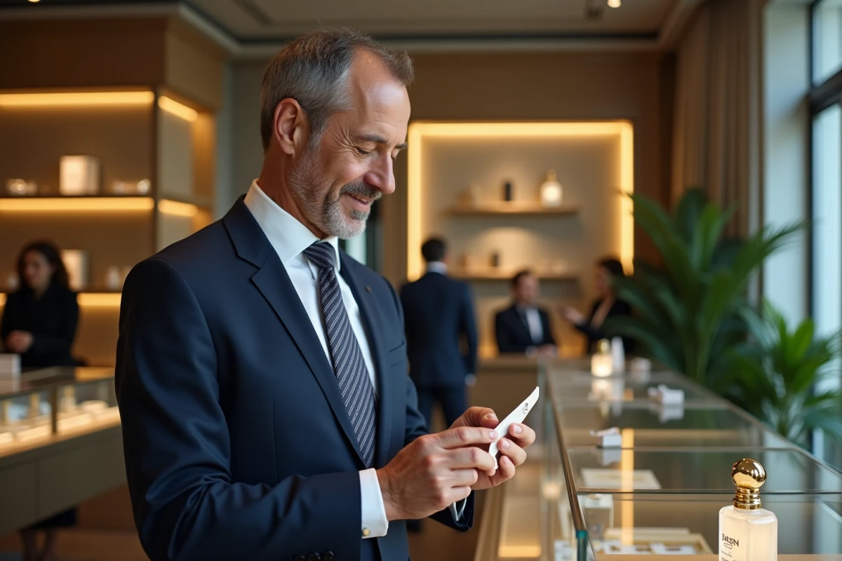 Homme en costume parcourant une sélection de parfums haut de gamme