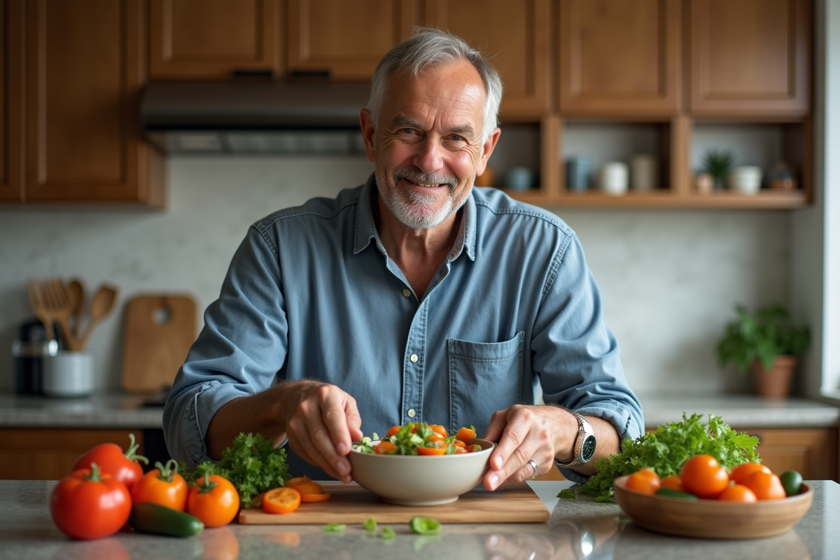 Homme en cuisine préparant une salade colorée