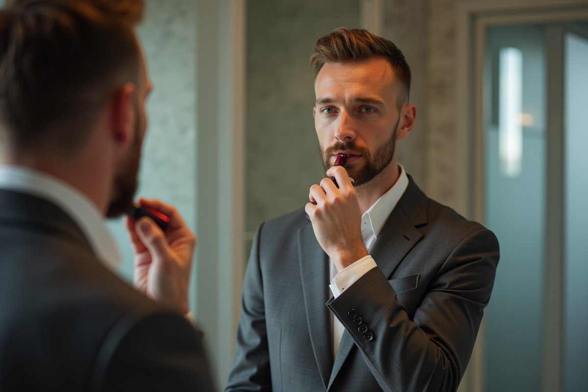 Homme appliquant rouge bordeaux dans sa salle de bain