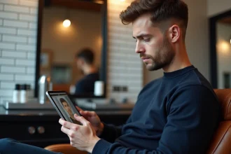Homme dans un salon de coiffure moderne consultant une application de simulation de coupe de cheveux sur tablette