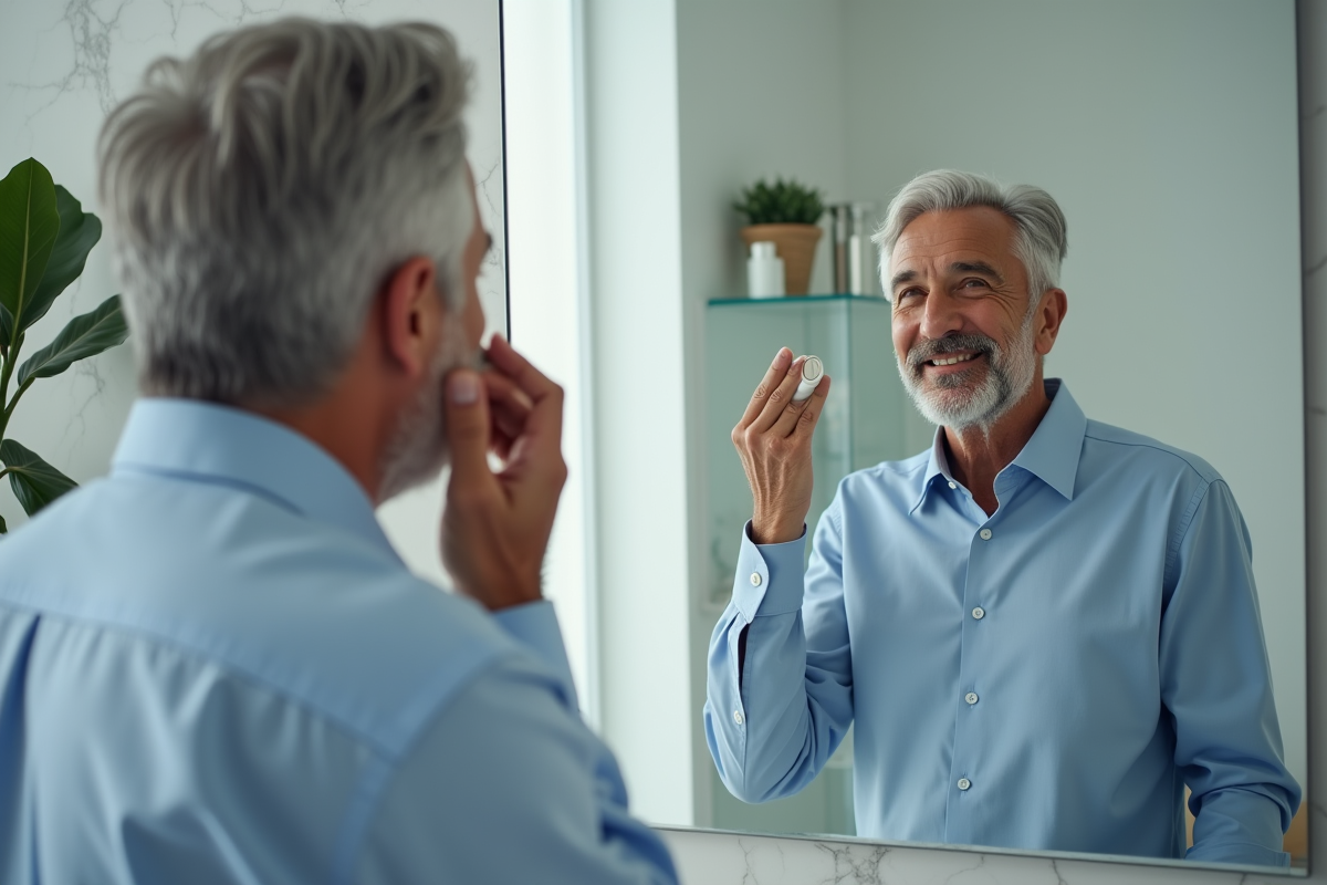 Homme mature se regardant dans le miroir en ajustant son visage
