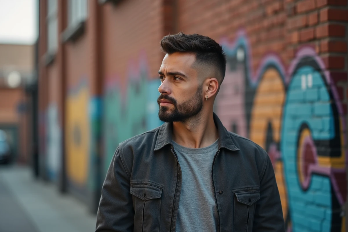Homme confiant avec coupe textured devant un mur de street art