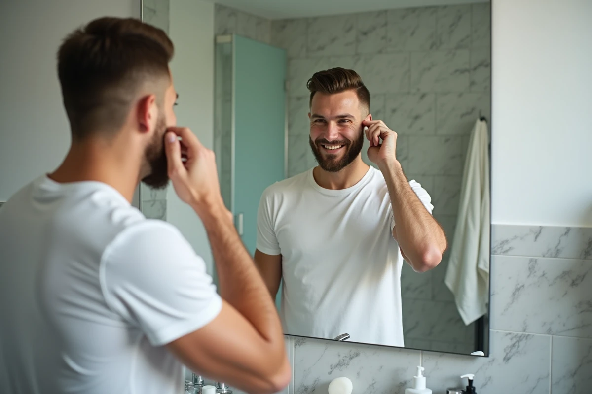 Homme admirant sa taper coupe ultra clean devant un miroir de salle de bain, coupe nette et dégradé précis