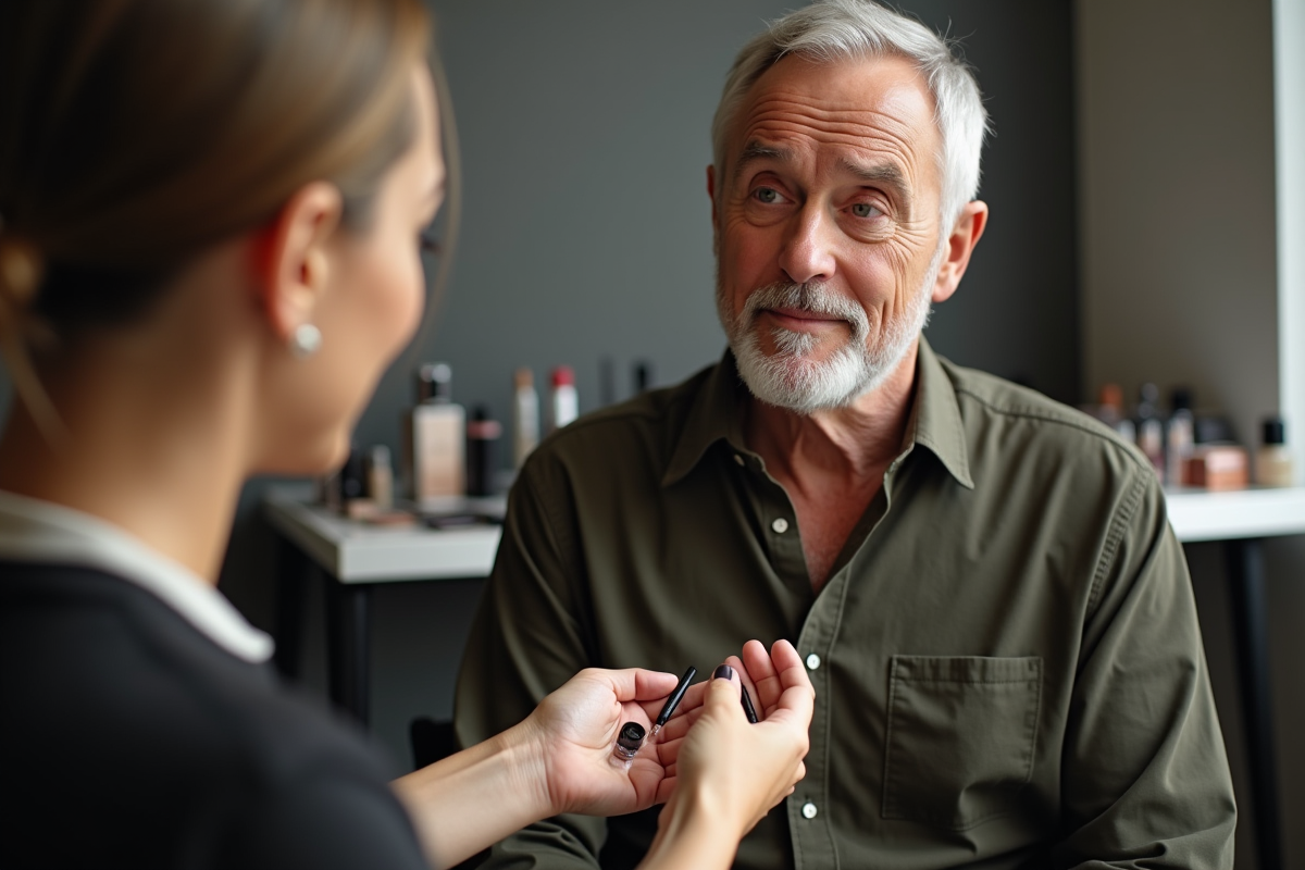 Homme testant différents eyeliners par un professionnel
