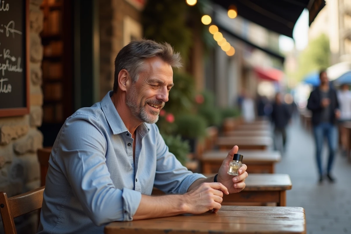 Homme en terrasse urbaine testant un parfum en été