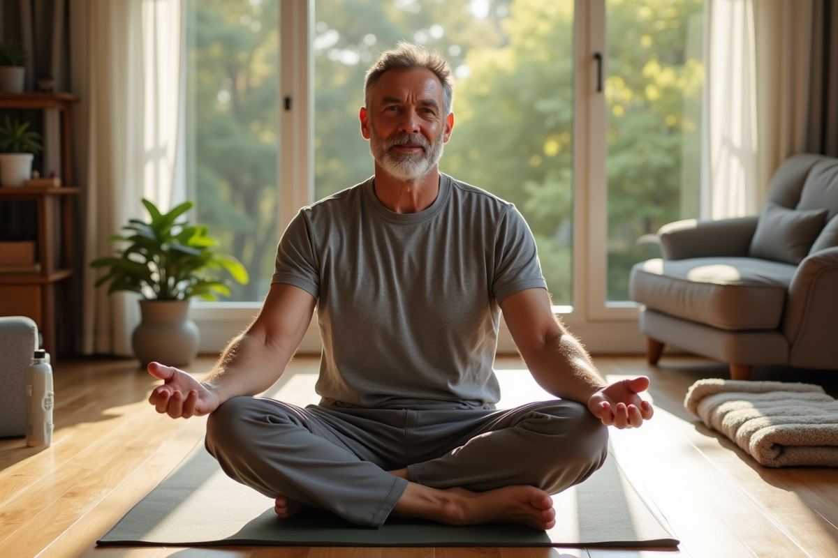 Homme méditant après yoga dans un salon lumineux