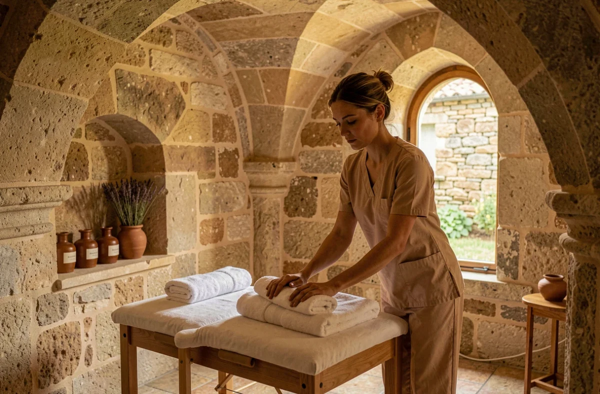 Salle de soin intime de l'Hôtel des Sept Fontaines à Tournus, avec arches romanes en pierre, table de massage en lin et thérapeute préparant les serviettes dans un cadre monastique