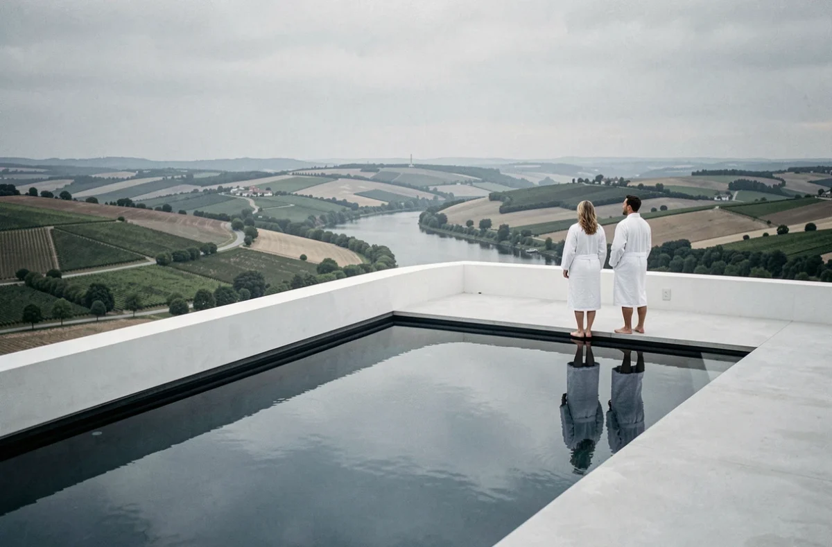 Piscine à débordement sur terrasse panoramique de l'Hôtel & Spa Panorama 360 à Mâcon, avec vue sur la vallée de la Saône et les collines du Mâconnais