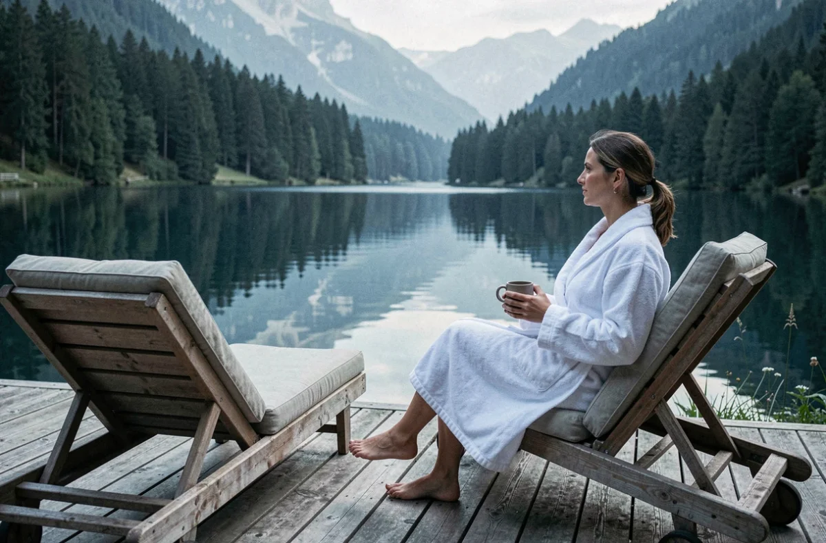 Terrasse du spa Hôtel Les Rives Sauvages au bord du lac de Saint-Point dans le Jura, avec femme en robe de bain contemplant le lac entouré de forêt de pins