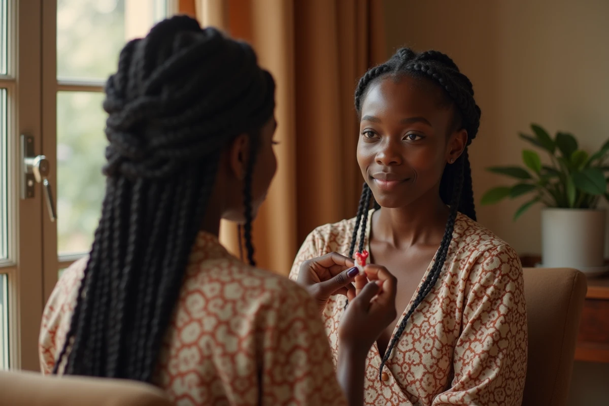 Jeune femme africaine se coiffant de ses cornrows à la maison