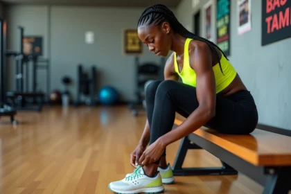 Jeune femme athlète noire avec tresses cornrows en salle de sport