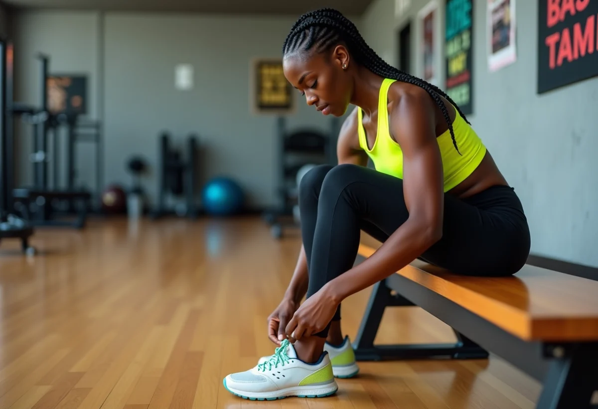 Jeune femme athlète noire avec tresses cornrows en salle de sport