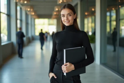 Jeune femme confiante dans une agence moderne avec portfolio