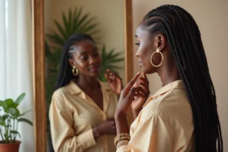 Jeune femme noire examine ses braids dans un miroir