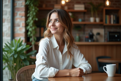 Jeune femme détendue dans un café moderne avec plantes et livres