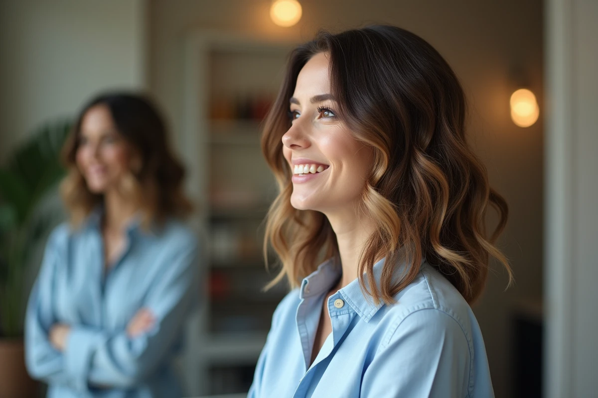 Jeune femme professionnelle examine sa coiffure dans un salon moderne