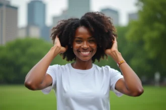 Jeune femme noire souriante dans un parc urbain après pluie