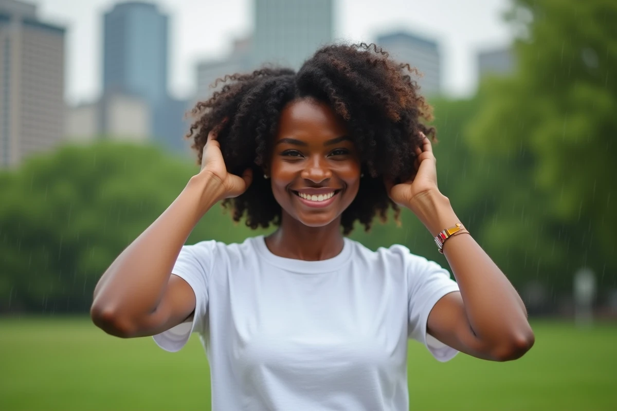 Jeune femme noire souriante dans un parc urbain après pluie