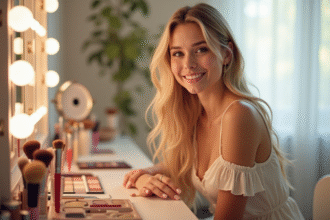 Jeune femme souriante avec maquillage naturel devant sa coiffeuse