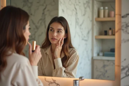 Jeune femme testant des teintes de fond de teint devant un miroir