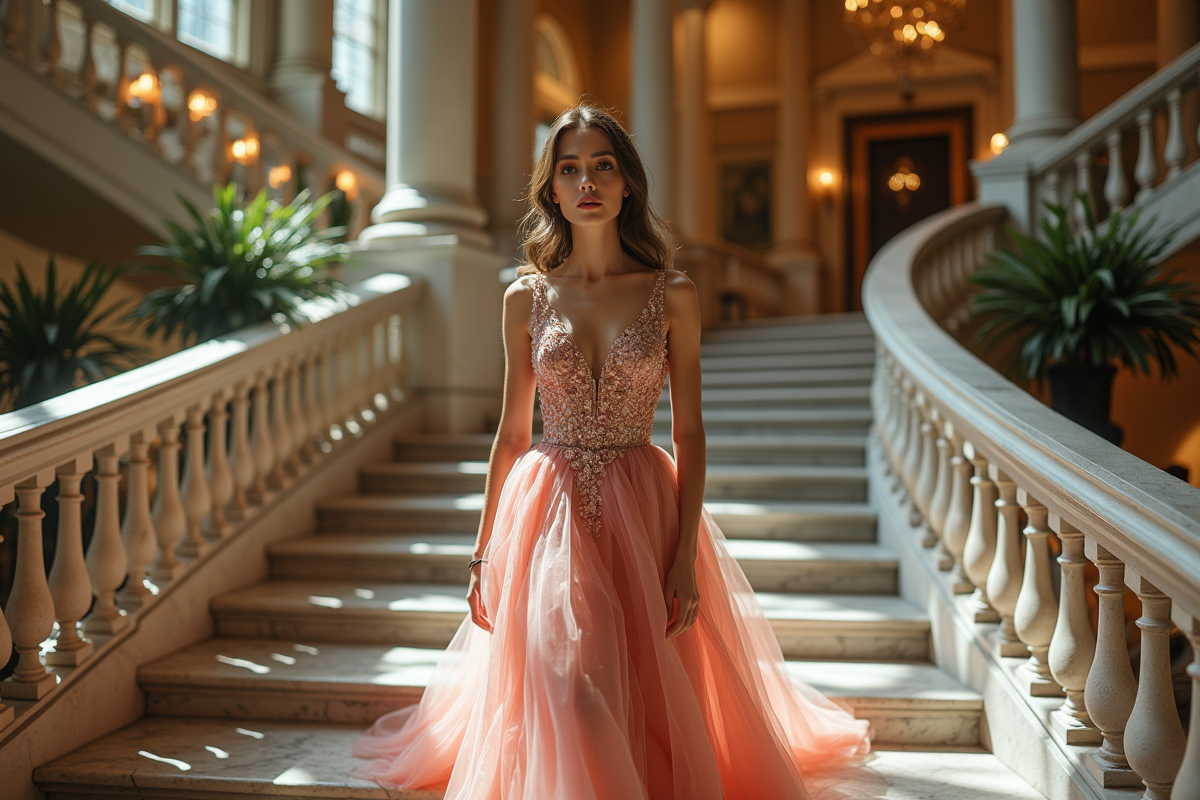 Jeune femme en robe couture descend un escalier en marbre