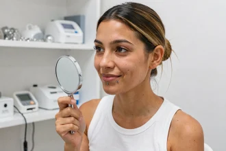 Jeune femme examinant son piercing au labret décalé dans un studio de perçage moderne, vue en portrait 3/4